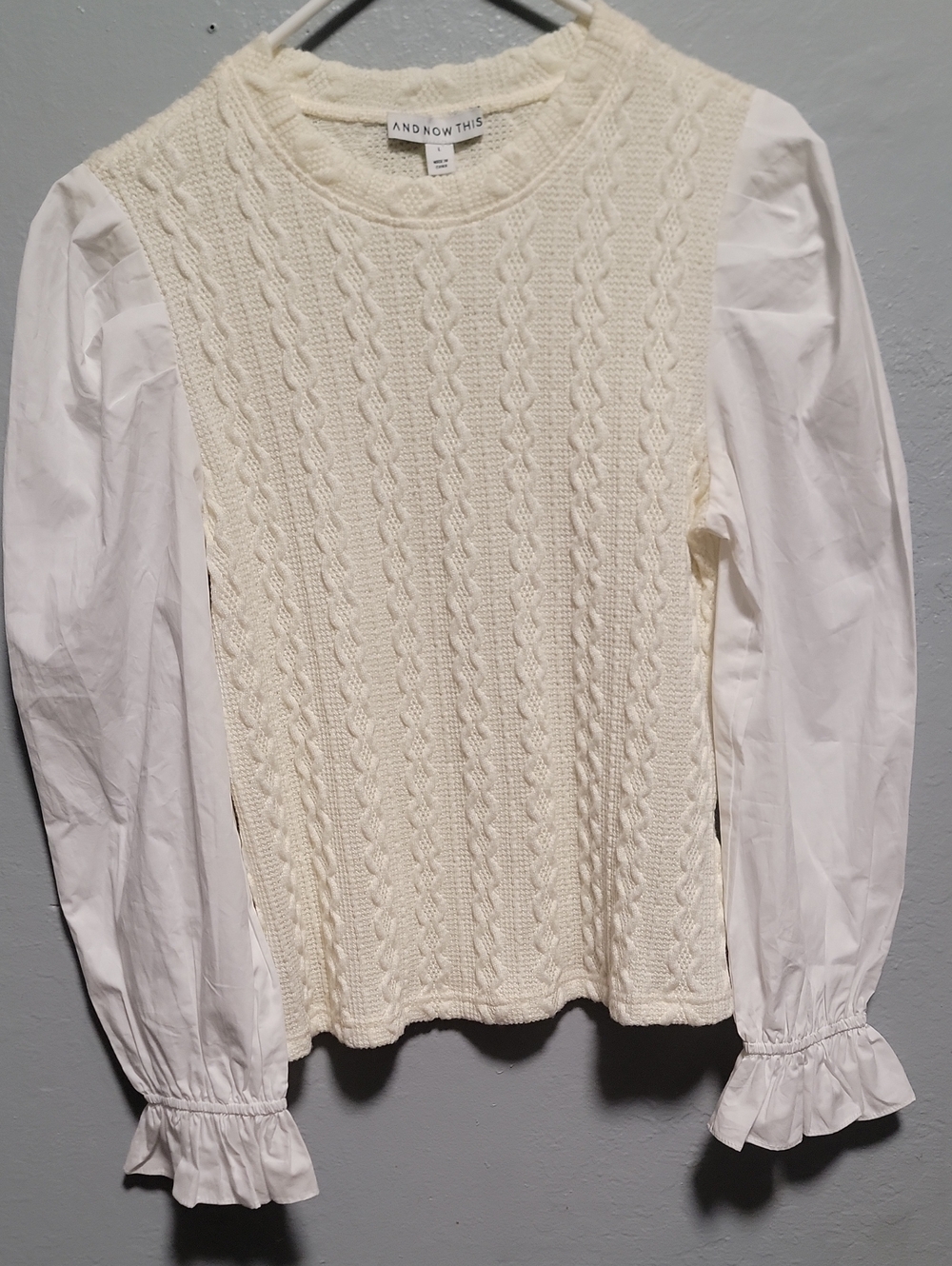 And Now This Cream Cable-Knit Pullover Shirt with White Puff Sleeves